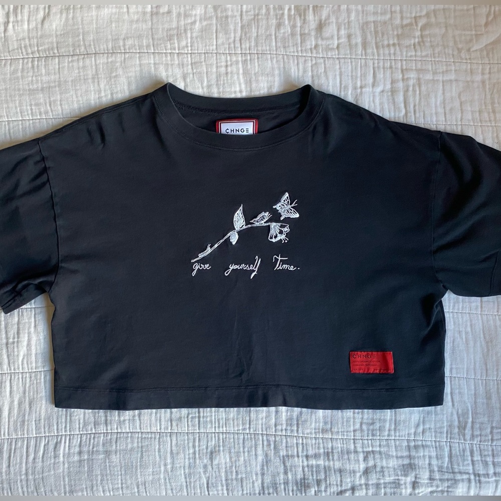 chnge “give yourself time” black crop top